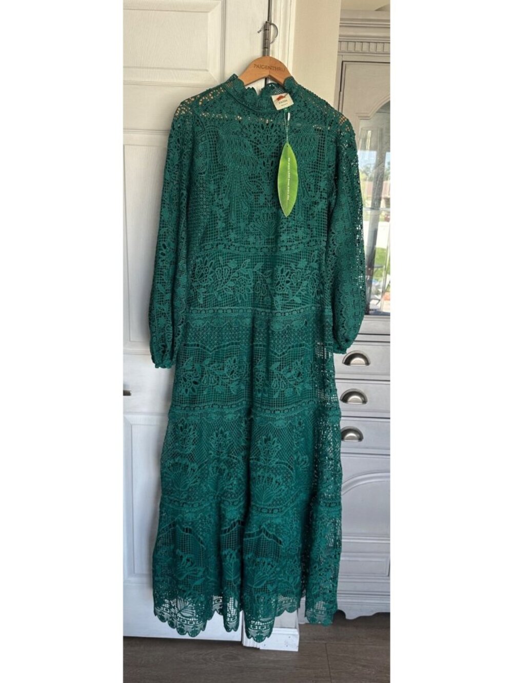 Farm Rio M Dark Guipure Lace Emerald Green Long Sleeve Maxi Dress - Picture 2 of 15
